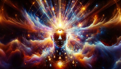 Spiritual awakening concept : an enhanced variation with a dramatic increase in glowing light, symbolizing an immense surge of power and spiritual energy