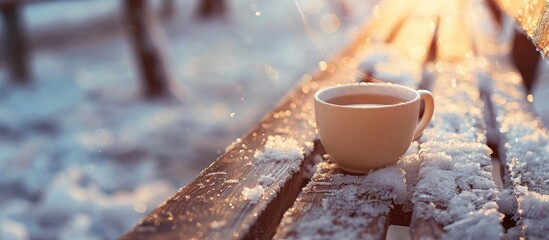 Cup of tea resting on snowy wooden bench in morning light.