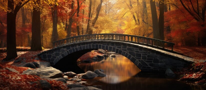 A painting depicting a wooden bridge spanning over a gentle stream in an autumn forest, with fallen golden leaves carpeting the scene. The bridge leads the eye through the tranquil forest.