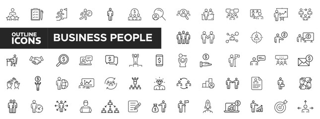 Business people, human resources, office management - thin line web icon set. Outline icons collection. Teamwork, human resources, meeting, partnership, meeting, work group, success, resume.