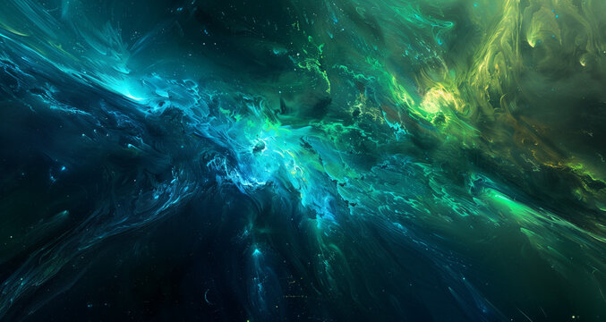 A green and blue space with stars and a green swirl. AI.