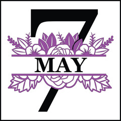 Fototapeta na wymiar 7 May Floral Split Silhouette Counting Vector Design | Print Design | Cut file | Shirt Design | Birthday Gift