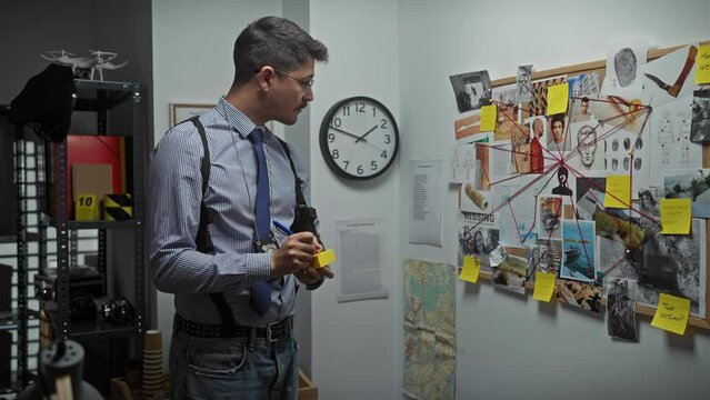 Hispanic detective man examines crime evidence board with notes, clock, and photographs in a police department office.