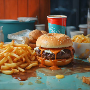 A disheveled meal scene with an overflowing burger, fries scattered, and a tipped soda cup on a table