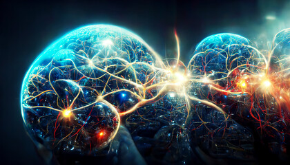 A colorful brain with many neurons and wires. The brain is surrounded by a blue sphere. Concept of the complexity of the human brain and the vast network of neurons that make up the brain
