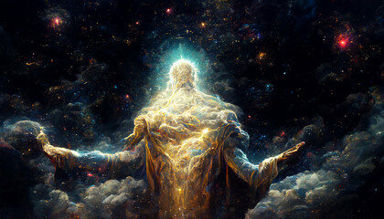 A Celestial god is depicted in a painting of a starry sky. The man is reaching out towards the sky, as if he is trying to touch it. The painting has a dreamy, ethereal quality to it, with the stars