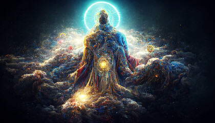 upreme Spiritual creator god holding the universe, abstract art clouds and galaxy space god, cosmic god	