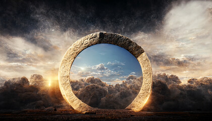 A large Stargate, golden circle star gate is surrounded by clouds and the sky. The sky is a mix of blue and orange, creating a moody atmosphere. The circle appears to be a gateway or a portal