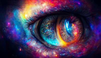 A colorful eye with a galaxy in the background. The eye is surrounded by a colorful galaxy, and the colors are vibrant and bright. The eye is the main focus of the image - obrazy, fototapety, plakaty