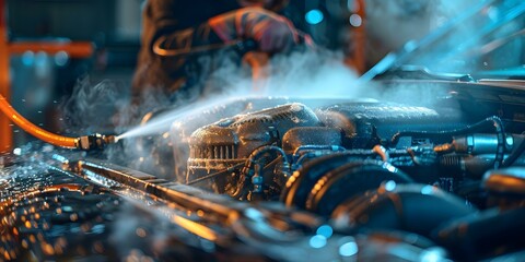 Technicians using highpressure steam to clean a sports car engine bay effectively removing grease and dirt for a pristine look. Concept Automotive Detailing, Steam Cleaning, Engine Bay