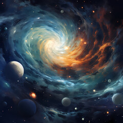 Cosmic galaxy with swirling stars and planets.