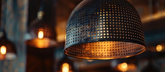 Close-up of a suspended metal lampshade.