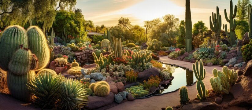 Vivid close up showcasing a desert garden featuring various cactus plants surrounded by scattered rocks and pebbles