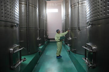 Winemaker working in modern large winery factory drink industry  and  testing wine in a wine factory warehouse - 769180897
