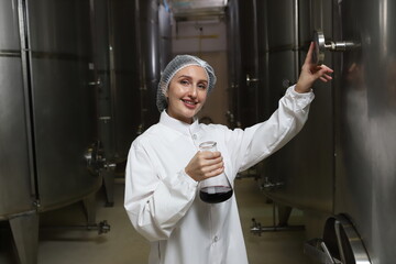 Winemaker working in modern large winery factory drink industry  and  testing wine in a wine factory warehouse - 769181003