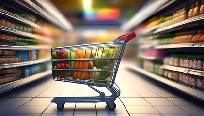 Shopping supermarket cart full of products - obrazy, fototapety, plakaty