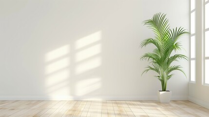 Tall palm plant in a white pot illuminated by natural light in a spacious room