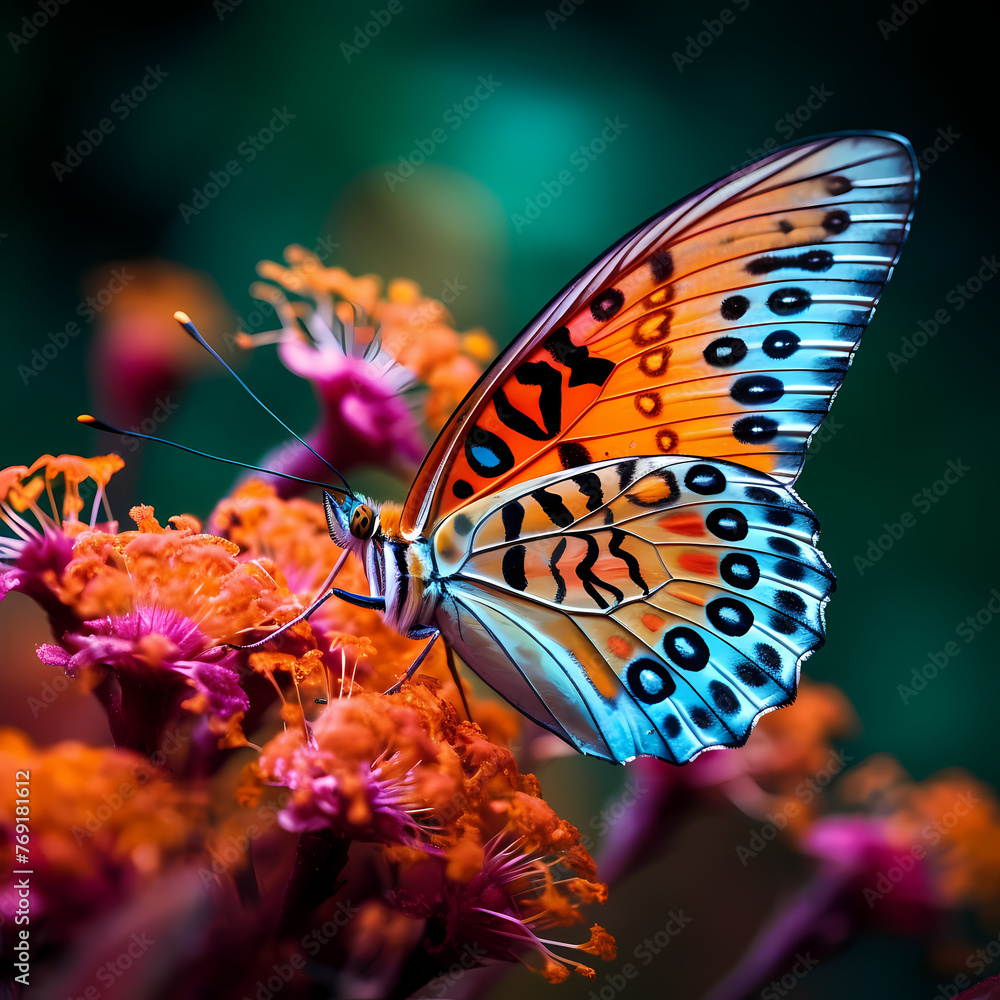 Sticker Macro shot of a colorful butterfly on a flower.