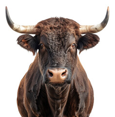Majestic brown bull with long horns facing forward on transparent background - stock png.
