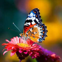 Macro shot of a colorful butterfly on a flower.