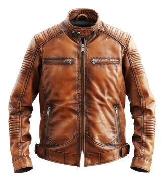 Tan leather motorcycle jacket with zipper details on transparent background - stock png.