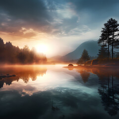 Tranquil sunrise over a misty mountain lake.