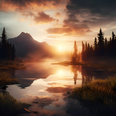 Fototapeta na wymiar Tranquil sunrise over a misty mountain lake.