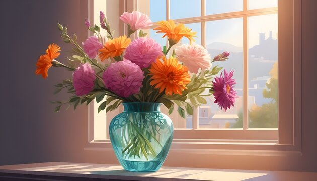A stunning bouquet of vibrant flowers fills a crystal vase, their petals bursting with color and vitality, creating a captivating display of natural beauty.