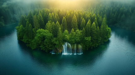 A mesmerizing aerial view of a cascading waterfall nestled within a lush, untouched forest, with...