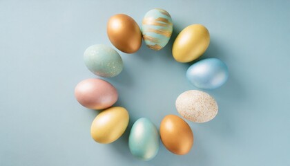 easter atmosphere concept top view vertical photo of colorful easter eggs on isolated pastel blue background with copyspace in the middle