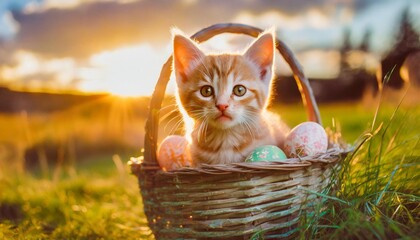 Fototapeta na wymiar kitty in a easter basket