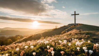 scenic easter morning with cross on hill amidst blossoming flowers - obrazy, fototapety, plakaty