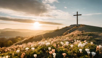 Foto op Plexiglas scenic easter morning with cross on hill amidst blossoming flowers © Leila