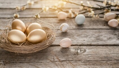 Fototapeta na wymiar easter eggs on rustic wooden background for holiday concept