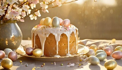 pastel easter sponge cake with dripping icing and candy eggs springtime baking and dessert concept for poster and recipe design - obrazy, fototapety, plakaty