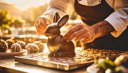 chocolatier making a chocolate easter bunny - obrazy, fototapety, plakaty