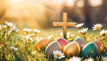 easter background with colorful painted easter eggs in the grass with spring flowers and a cross in the background easter resurrection religious background with copy space for text - obrazy, fototapety, plakaty