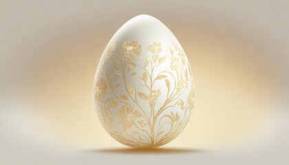 one white easter egg with beautiful gold floral pattern standing on light background