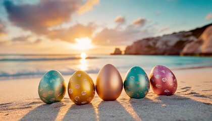 colorful painted easter eggs on paradisiacal beach holy week holiday concept