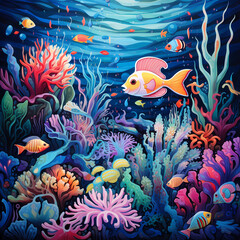 Fototapeta na wymiar Whimsical underwater world with vibrant sea creatures