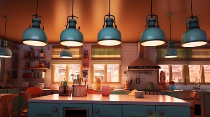AI to design a digital illustration of pendant lights illuminating and beautifying the kitchen ceiling