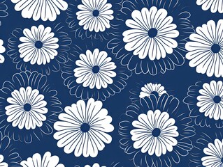 simple indigo flower pattern, lino cut, hand drawn, fine art, line art