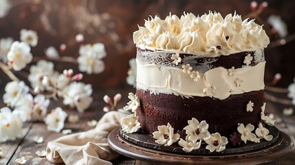 A chocolate cake with white cream on top, decorated with flowers  - obrazy, fototapety, plakaty