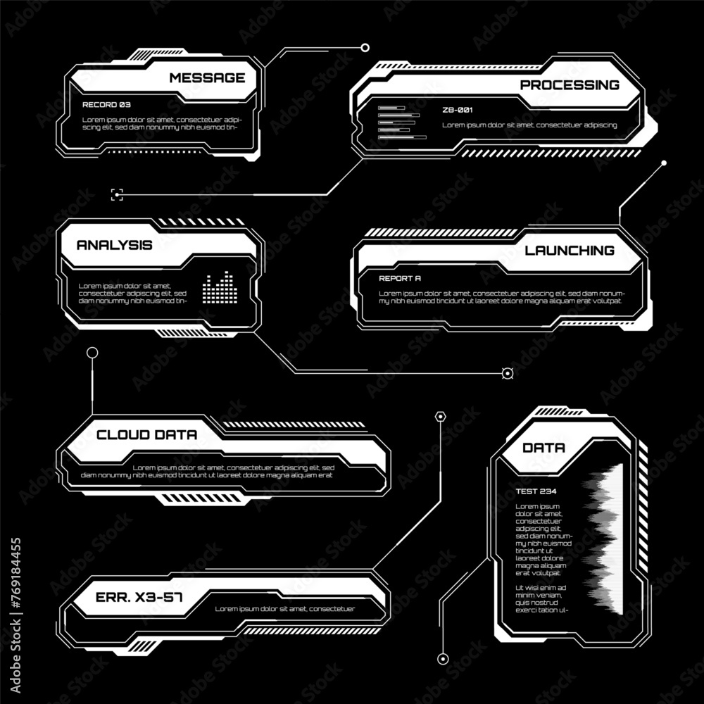 Poster White futuristic HUD, UI elements. Sci-fi user interface text boxes, callouts. Warning message frames, information boxes template. Modern game interface layout in digital style. Vector illustration