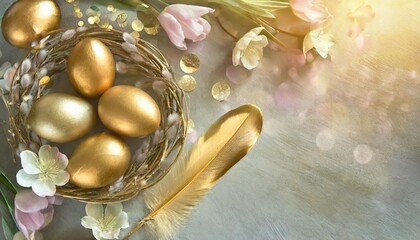 happy easter concept with golden easter eggs feathers and spring flowers easter background with copy space flat lay