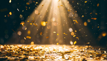 Golden confetti rain on festive stage with light beam in the middle, empty room at night mockup with copy space for award ceremony, jubilee, New Year's party or product presentations. - obrazy, fototapety, plakaty