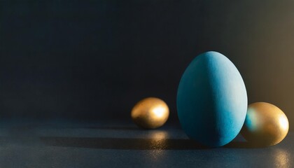 moody easter banner concept in classic blue color blue cyan colored egg on black background selective focus light and shadow copy space minimal
