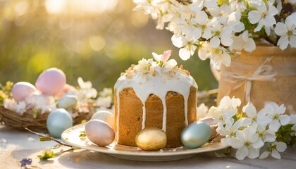 Obraz na płótnie Canvas delicious easter cake surrounded by spring blossoms and decorations ideal for festive occasions sweet homemade dessert imagery