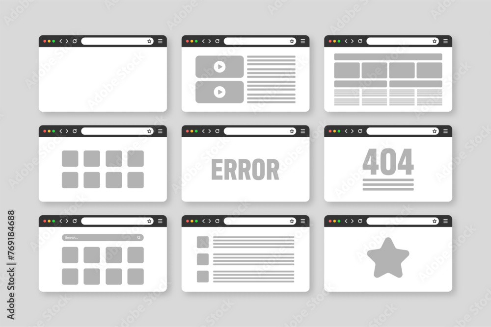 Poster web browser window, pages layout with toolbar and search field. modern website, internet page in fla
