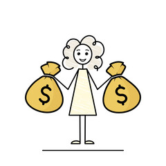 person and money, rich female character holding two money bags, young curly little girl with money sacks sketch, black line vector illustration